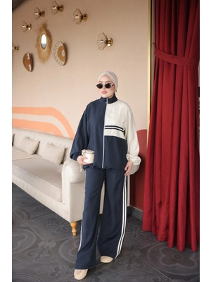 MİMİ LUXURY WEAR Kadın Tesettür Renk Bloklu Fermuarlı Ceketli Rahat Kesim Eşofman Takımı Çift Renkli  545