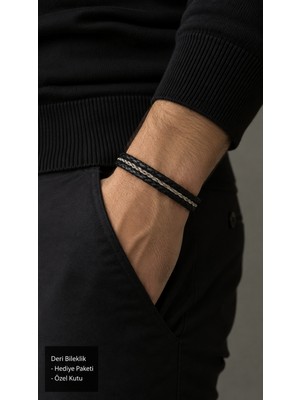 Herşey Nota Verconi Steelweave Siyah Deri Erkek Bileklik - Gümüş Ton Örgü Detaylı