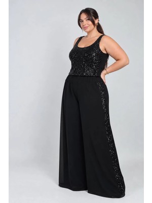 Lady Majestic Kadın Beli Lastikli Yanı Pulpayet Şeritli Astarlı Palazzo Bol Paça Şifon Pantolon