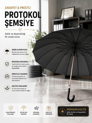 Mubx 16 Telli Protokol Şemsiye – 118 cm Geniş Çaplı, Güçlendirilmiş Iskeletli Siyah Baston Şemsiye