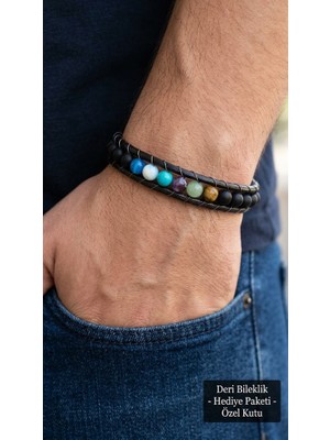 Herşey Nota Olveri Prismbead Siyah Deri Erkek Bileklik - Çok Renkli Boncuklu Örgü