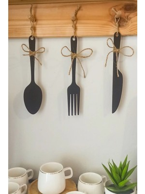 Kuzeylina 3 Parça Dekoratif Ahşap Çatal-Kaşık-Bıçak Seti Mutfak, Kahve Köşesi, Raf, Askı Süsü, Dolap,(19 cm)