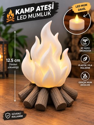 Filkorium3D Kamp Ateşi LED Mumluk Gece Lambası – Çocuk Odası Dekoratif Işık – LED Mum Dahil – 12,5 cm