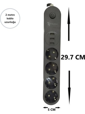 Zenviaa 4lü Siyah Anahtarlı 3 USB Li Akım Korumalı Topraklı Çocuk Korumalı Grup Priz 2 Metre