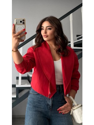 Elisin Kırmızı Bel Lastikli Kemerli Bomber Trençkot