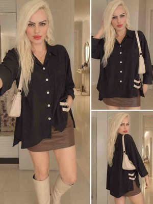 Belirtilmemiş Oversize Siyah Gömlek – Yan Tokalı Detaylı Salaş Kesim