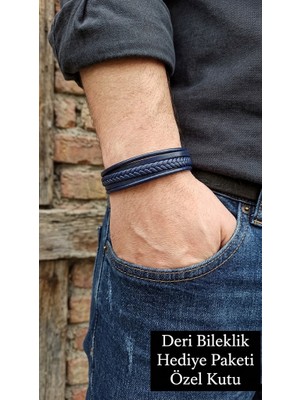 Herşey Nota Elvencio Deepwave Lacivert Siyah Deri Erkek Bileklik - Çok Sıralı Örgü Tasarım
