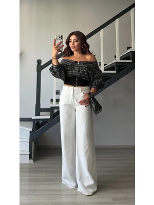 Elisin Beyaz Dökümlü Tencel Pantolon