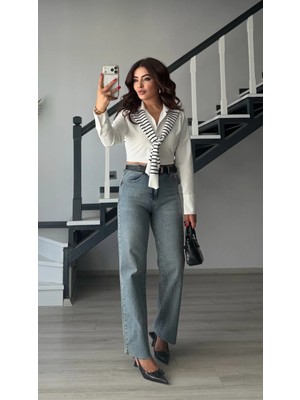 Elisin Açık Mavi Kemerli Straight Jean