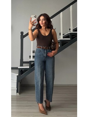 Elisin Koyu Mavi Kemerli Skater Jean