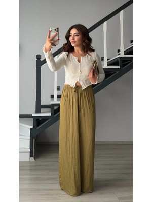 Elisin Olive Dökümlü Saten Pantolon