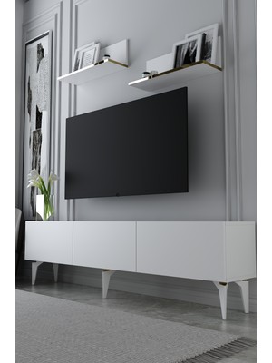 Dekortis Home Dekor 180DHDTRÜ1BA Sadem Raflı Tv Sehpası Ünitesi Beyaz-Altın