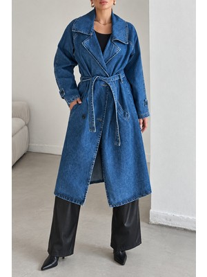 Polo State Kadın Kuşaklı Kruvaze Yaka Oversize Uzun Denim Trençkot Mavi