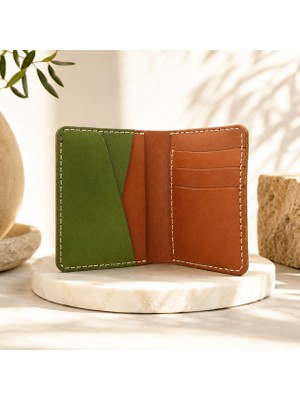 Oakco Leather Hakiki Deri Turuncu - Yeşil El Yapımı Cüzdan