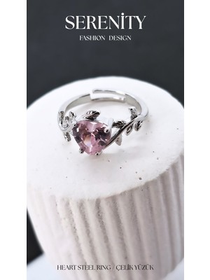 Yaprak Figürlü Pembe Zirkon Taşlı Kalp Çelik Yüzük