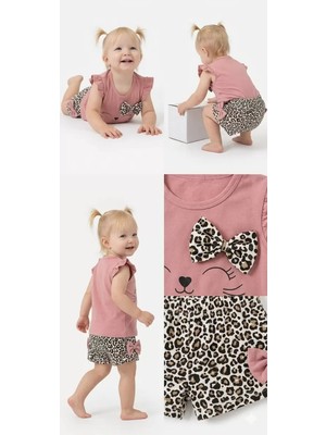 DMR Elegance 9/24 Ay Leopar Baskılı Fiyonklu Şortlu Bebek Takımı
