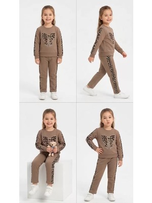 DMR Elegance 4/12 Yaş Taşlı Leopar Pamuk Penye Çocuk Takımı