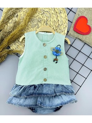 DMR Elegance 6-9-12-18 Ay Gül Rozet Detaylı Kot Kilotlu Etek Kız Bebek Elbisesi