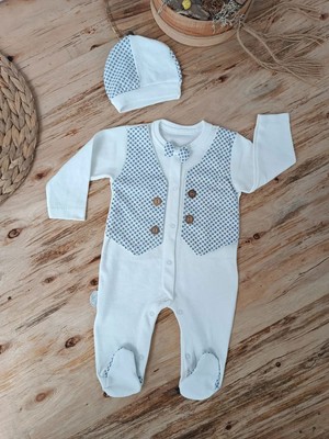 DMR Elegance 0-3 3-6 6-9 Ay Şapkalı Yelek Detaylı Boydan Çıtçıt Erkek Bebek Tulumu
