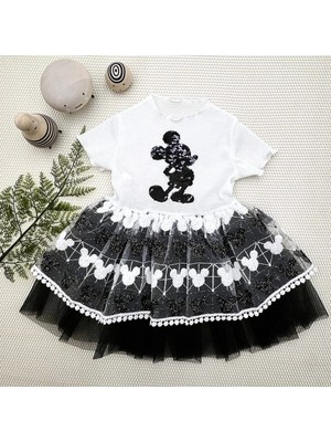 DMR Elegance 1-2-3 Yaş Payetli Mickey Baskılı Brode Etekli Kız Bebek Elbisesi