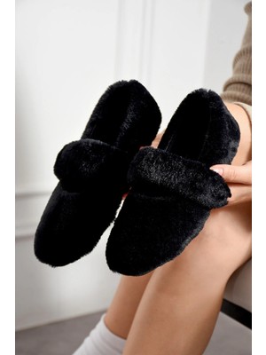 Footfrenzy Yumuşak Peluş Kadın Günlük Ev Pandufu Ortopedik Hafif Taban Siyah