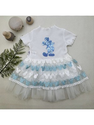DMR Elegance 1-2-3 Yaş Payetli Mickey Baskılı Brode Etekli Kız Bebek Elbisesi