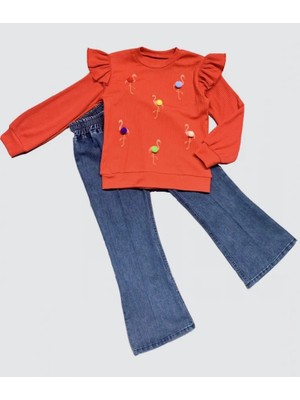 DMR Elegance 4-5-6 Yaş Kot Pantolonlu Flamingo Desenli Penye Sweat Uzun Kollu 2li Kız Çocuk Takımı
