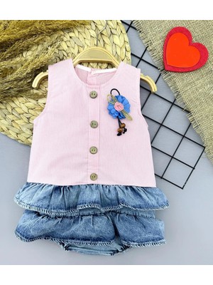 DMR Elegance 6-9-12-18 Ay Gül Rozet Detaylı Kot Kilotlu Etek Kız Bebek Elbisesi