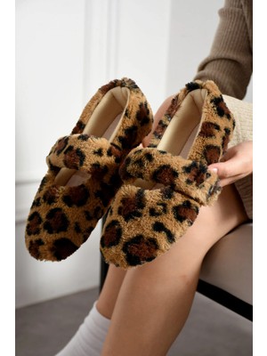 Footfrenzy Yumuşak Peluş Kadın Günlük Ev Pandufu Ortopedik Hafif Taban Leopar