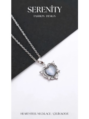 Gri Opal Zirkon Taşlı Kalp Figür Çelik Kolye