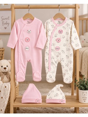 Bebek Star Şapkalı Patikli Ayıcık Desenli Pembe ve Krem İkili Kız Bebek Tulumu