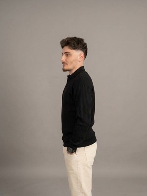 Felvino Erkek Premium Kahverengi Polo Yaka Fitilli Uzun Kollu Kazak