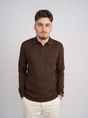 Felvino Erkek Premium Kahverengi Polo Yaka Fitilli Uzun Kollu Kazak