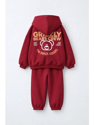 Magu Çocuk  Ayıcık Baskılı Bordo Kapüşonlu Sweatshirt ve Eşofman Altı Takımı