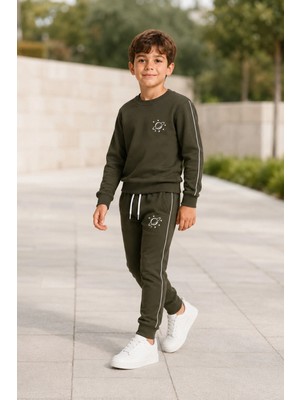 Rony Pony Kids Erkek Çocuk Haki Gezegen Baskılı Beyaz Biyeli Sweatshirt Jogger Eşofman Takımı