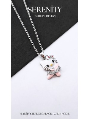 Pembe Beyaz Zirkon Taşlı Balerin Hello Kity Çelik Kolye