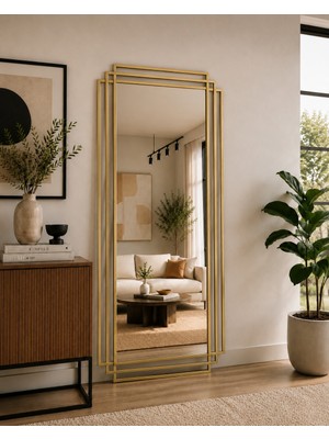 Effe Yapı Dekor Gold Metal Çerçeveli Dikdörtgen Dekoratif Ayna 180X80 cm Şık Tasarım