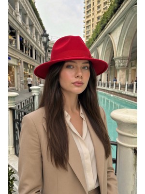 Mollycrush Kadın Kırmızı Keçe Fötr Şapka | Geniş Kenarlı Vintage Fedora Model