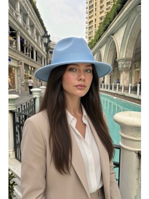 Mollycrush Kadın Mavi Keçe Fötr Şapka | Geniş Kenarlı Vintage Fedora Model