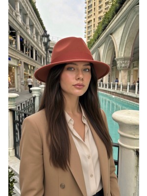 Mollycrush Kadın Kışlık Fötr Kiremit Renk Şapka | Geniş Kenarlı Keçe Fedora