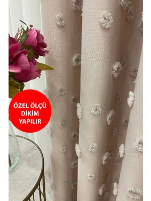 Perde Pendik Fon Perde Bej Pufy Püsküllü, Ponponlu, Perde Sık Pileli Keten Pano Fon Tek Kanat