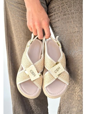 Shoegar Cate Bej Hasır Cilt Sandalet