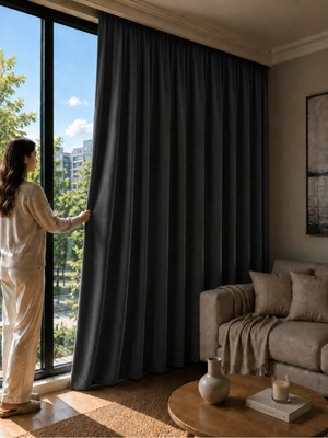 Perde Pendik Dark Blackout Antrasit Gri Karartma Fon Perde Güneş Işık Geçirmez Pilesiz Tek Kanat Tül Perde Rustik