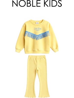 Superbaby Kız Çocuk Mavi Püskül ve Nakış Detaylı 3 Iplik Şardonsuz/sıcak Tutan Sarı Sweatshirt Alt Takım