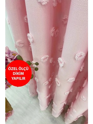 Perde Pendik Fon Perde Şeker Pembe Pufy Püsküllü, Ponponlu, Perde Sık Pileli Keten Pano Fon Tek Kanat