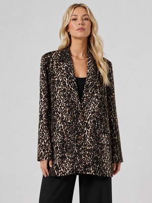 Sibel Günay Butik Leopar Desenli Siyah Saten Astarlı Oversize Kadın Blazer Ceket Yan Yırtmaçlı Standart Beden