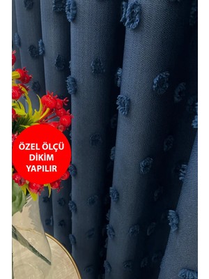 Perde Pendik Fon Perde Lacivert Pufy Püsküllü, Ponponlu, Perde Sık Pileli Keten Pano Fon Tek Kanat