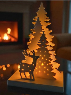 3Dlab Three-Dimensional Systems Beyaz Çam Ağaçları ve Geyik Temalı Tealight Işıklı Yılbaşı Dekoru
