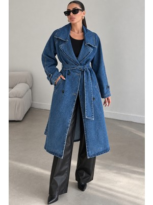 Quhox Kadın Kuşaklı Kruvaze Yaka Oversize Uzun Denim Trençkot Mavi