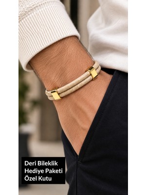 Herşey Nota Yselio Ivorygold Krem Deri Erkek Bileklik - Altın Ton Metal Detaylı Çift Örgü